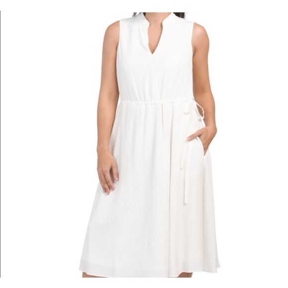 Anne Klein Womens Sleeveless Crinkle Textured Jenna Midi Dress Off White Size 10 - Picture 1 of 9